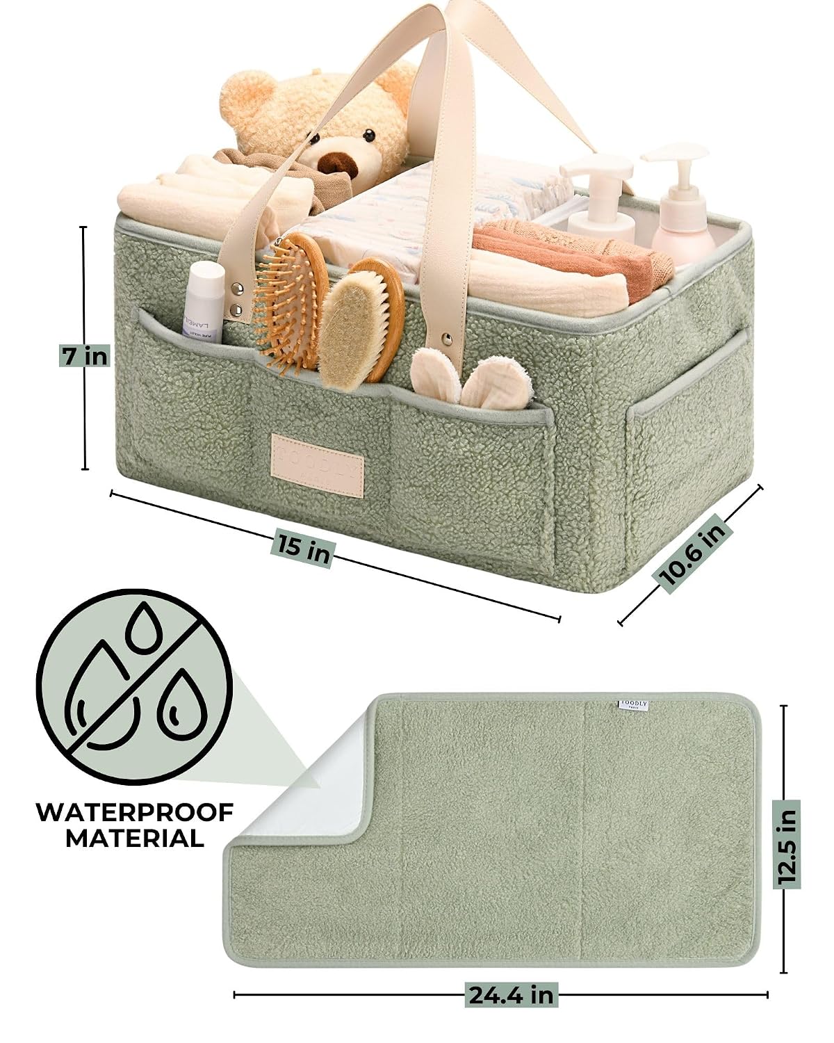Bath Kneeler and Elbow Rest Pad (Grey) and Teddy Diaper Caddy with Changing Pad (Green) Bundle