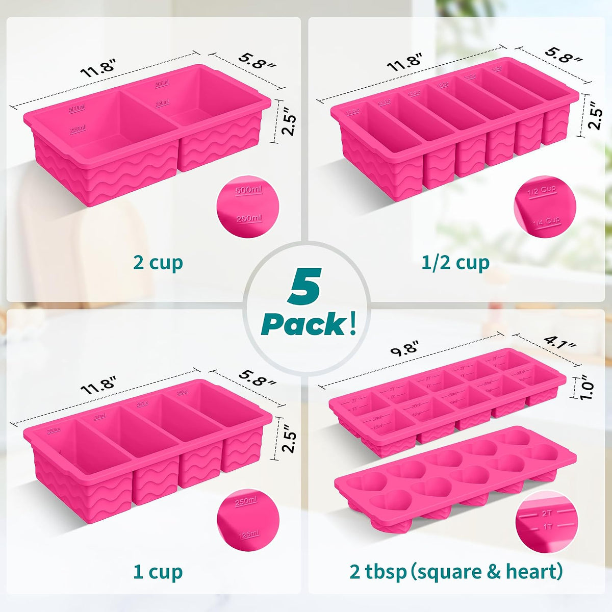 Silicone Freezer Molds for Food, 5-Pack with Steel Rim for Meal Prep