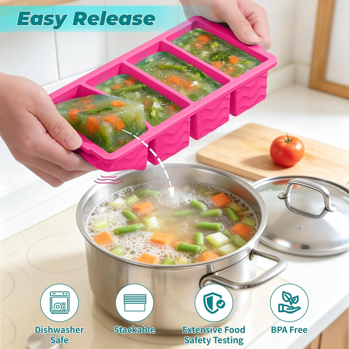 Silicone Freezer Molds for Food, 5-Pack with Steel Rim for Meal Prep