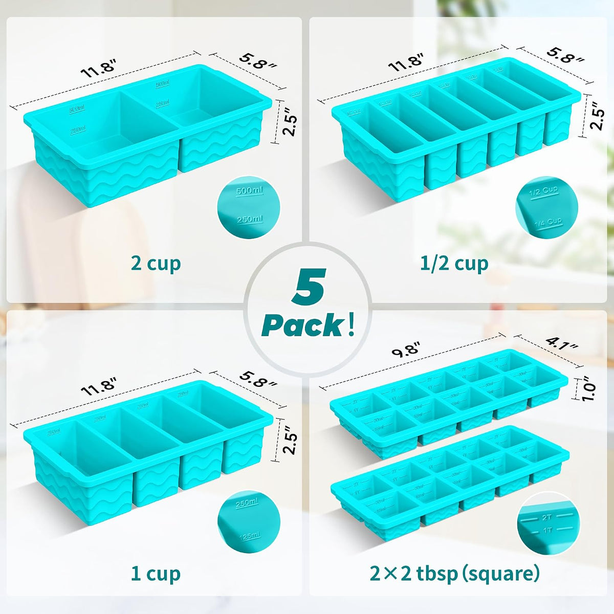 Silicone Freezer Molds for Food, 5-Pack with Steel Rim for Meal Prep
