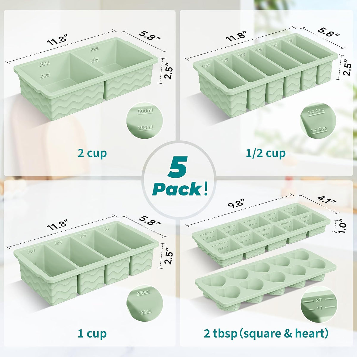 Silicone Freezer Molds for Food, 5-Pack with Steel Rim for Meal Prep