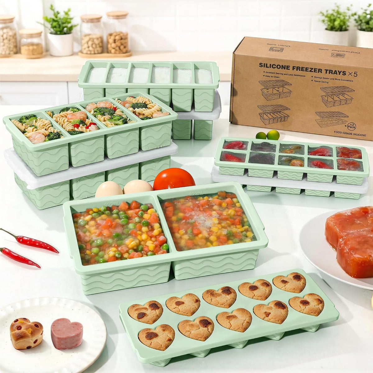 Silicone Freezer Molds for Food, 5-Pack with Steel Rim for Meal Prep