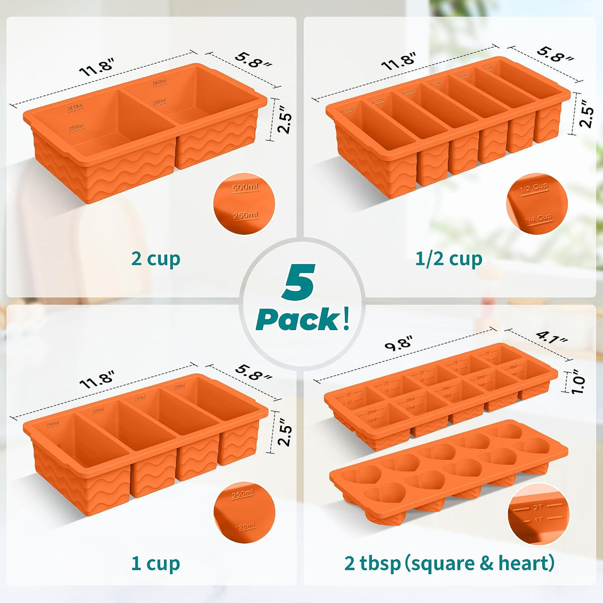 Silicone Freezer Molds for Food, 5-Pack with Steel Rim for Meal Prep