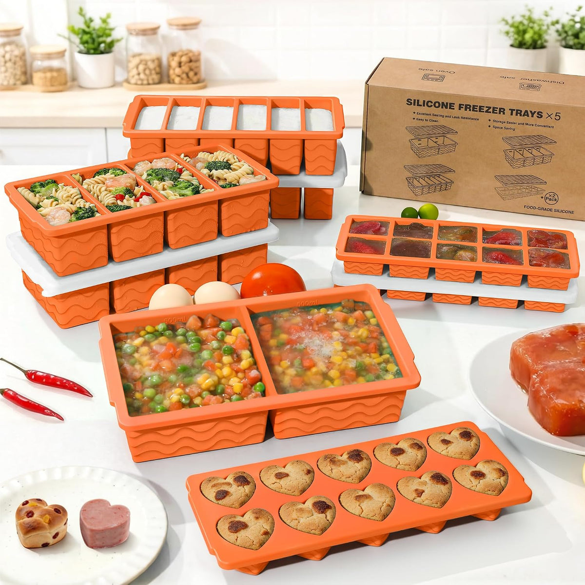 Silicone Freezer Molds for Food, 5-Pack with Steel Rim for Meal Prep