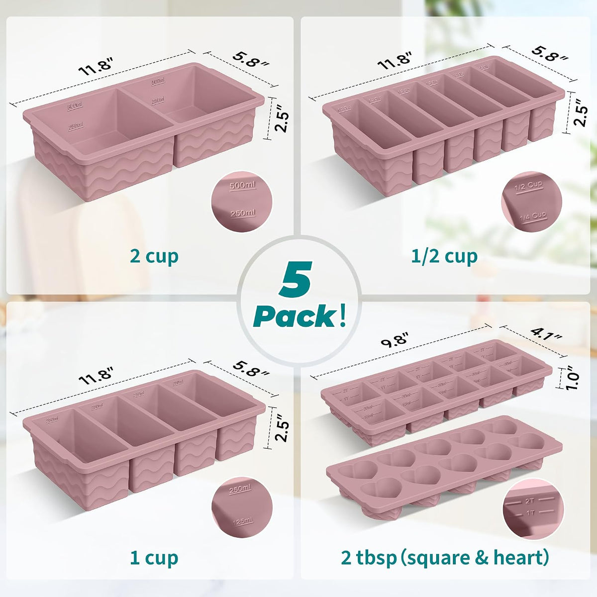 Silicone Freezer Molds for Food, 5-Pack with Steel Rim for Meal Prep