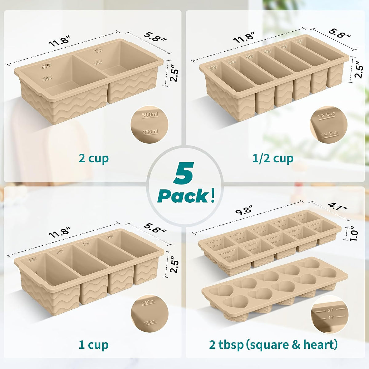 Silicone Freezer Molds for Food, 5-Pack with Steel Rim for Meal Prep