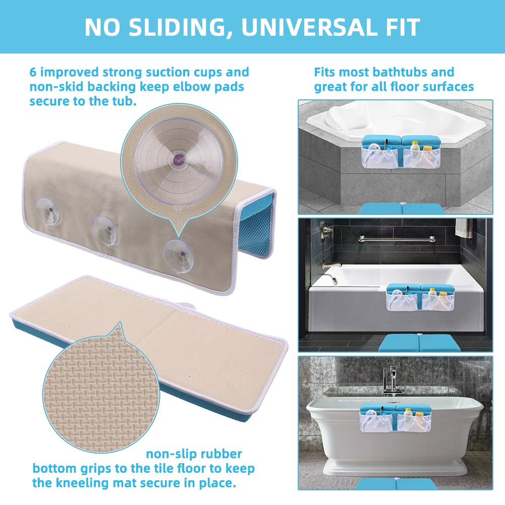 Bath Kneeler and Elbow Rest Pad Set for Baby Bathtub, Thick Non-Slip Bathing Kneeling Mat Cushion Quick Drying Bathtub Knee Saver with Arm Support and Pockets for Bathroom Bathing time Comfort, Gray