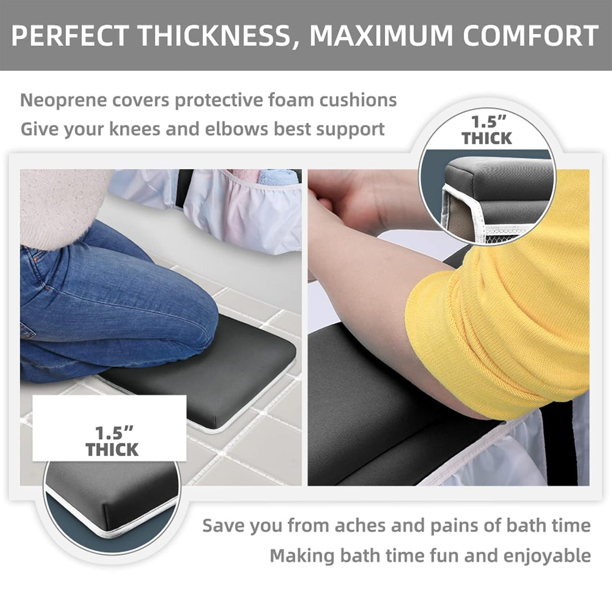 Bath Kneeler and Elbow Rest Pad Set for Baby Bathtub, Thick Non-Slip Bathing Kneeling Mat Cushion Quick Drying Bathtub Knee Saver with Arm Support and Pockets for Bathroom Bathing time Comfort, Gray