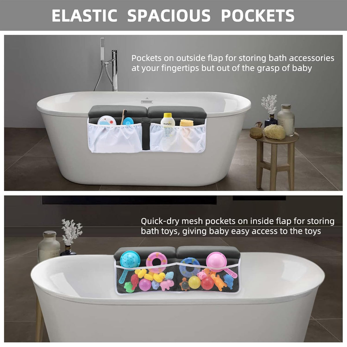Bath Kneeler and Elbow Rest Pad Set for Baby Bathtub, Thick Non-Slip Bathing Kneeling Mat Cushion Quick Drying Bathtub Knee Saver with Arm Support and Pockets for Bathroom Bathing time Comfort, Gray
