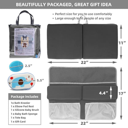 Bath Kneeler and Elbow Rest Pad Set for Baby Bathtub, Thick Non-Slip Bathing Kneeling Mat Cushion Quick Drying Bathtub Knee Saver with Arm Support and Pockets for Bathroom Bathing time Comfort, Gray