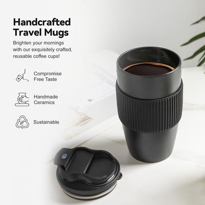16oz Large Heavyweight Ceramic Travel Mug, Leakproof (Black) | 16oz Large Travel, Heavyweight Ceramic, Leakproof PP Lid, Silicone Sleeve, Microwave & Dishwasher Safe, Gift Ready