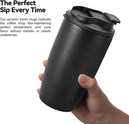 16oz Large Heavyweight Ceramic Travel Mug, Leakproof (Black) | 16oz Large Travel, Heavyweight Ceramic, Leakproof PP Lid, Silicone Sleeve, Microwave & Dishwasher Safe, Gift Ready