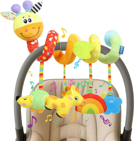 Carseat Toys Hanging for Babies 0-6-12 Months, Crib Toy Hanging Plush Spiral Car Seat Toy, with Rattle, Teether & Mirror, Stroller for Baby Boys & Girls, Infant Car Seat Toys