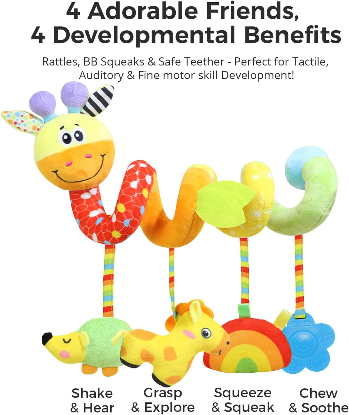 Carseat Toys Hanging for Babies 0-6-12 Months, Crib Toy Hanging Plush Spiral Car Seat Toy, with Rattle, Teether & Mirror, Stroller for Baby Boys & Girls, Infant Car Seat Toys