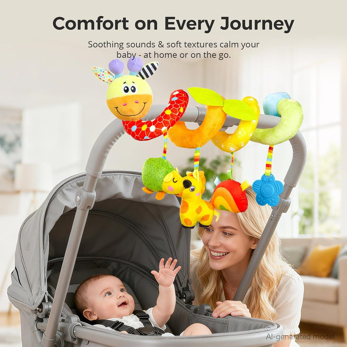 Carseat Toys Hanging for Babies 0-6-12 Months, Crib Toy Hanging Plush Spiral Car Seat Toy, with Rattle, Teether & Mirror, Stroller for Baby Boys & Girls, Infant Car Seat Toys