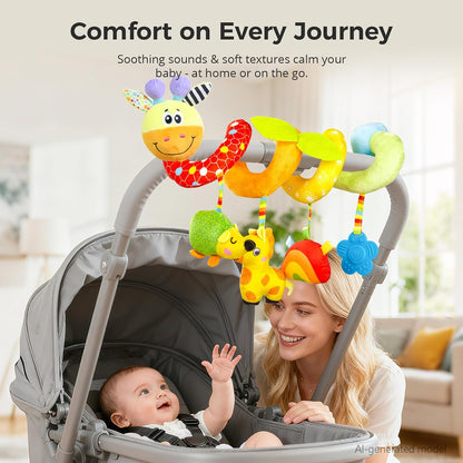 Carseat Toys Hanging for Babies 0-6-12 Months, Crib Toy Hanging Plush Spiral Car Seat Toy, with Rattle, Teether & Mirror, Stroller for Baby Boys & Girls, Infant Car Seat Toys