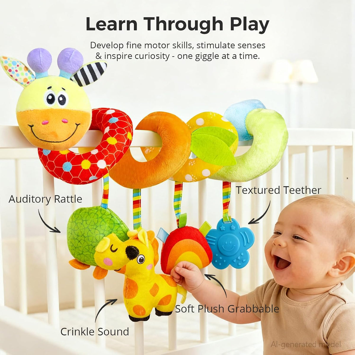 Carseat Toys Hanging for Babies 0-6-12 Months, Crib Toy Hanging Plush Spiral Car Seat Toy, with Rattle, Teether & Mirror, Stroller for Baby Boys & Girls, Infant Car Seat Toys