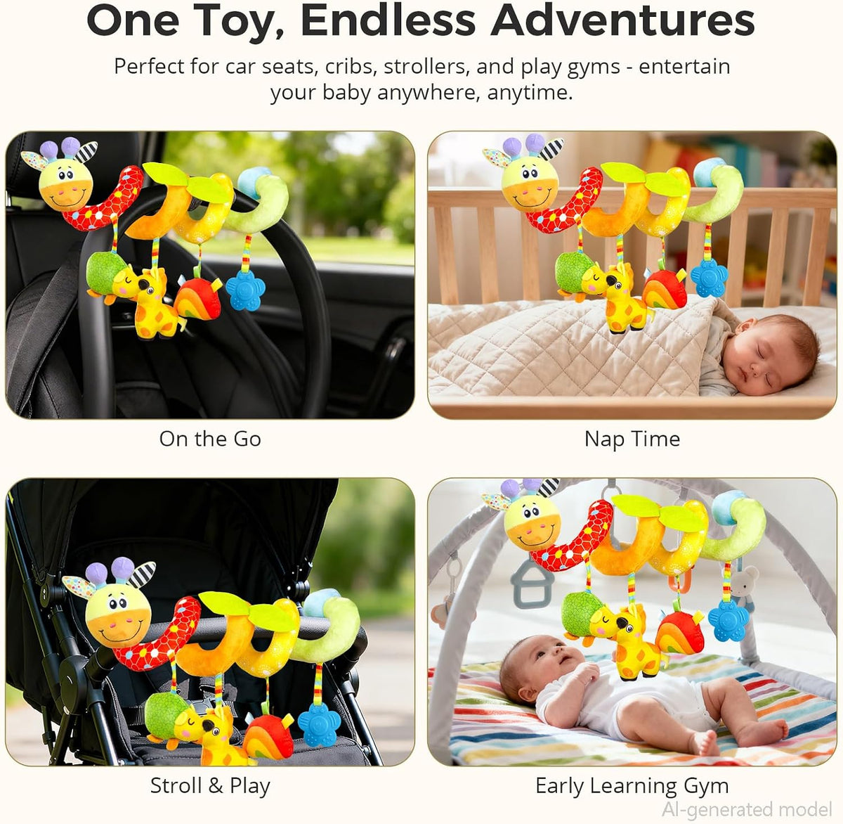 Carseat Toys Hanging for Babies 0-6-12 Months, Crib Toy Hanging Plush Spiral Car Seat Toy, with Rattle, Teether & Mirror, Stroller for Baby Boys & Girls, Infant Car Seat Toys