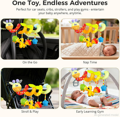 Carseat Toys Hanging for Babies 0-6-12 Months, Crib Toy Hanging Plush Spiral Car Seat Toy, with Rattle, Teether & Mirror, Stroller for Baby Boys & Girls, Infant Car Seat Toys