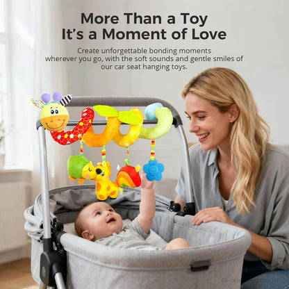 Carseat Toys Hanging for Babies 0-6-12 Months, Crib Toy Hanging Plush Spiral Car Seat Toy, with Rattle, Teether & Mirror, Stroller for Baby Boys & Girls, Infant Car Seat Toys