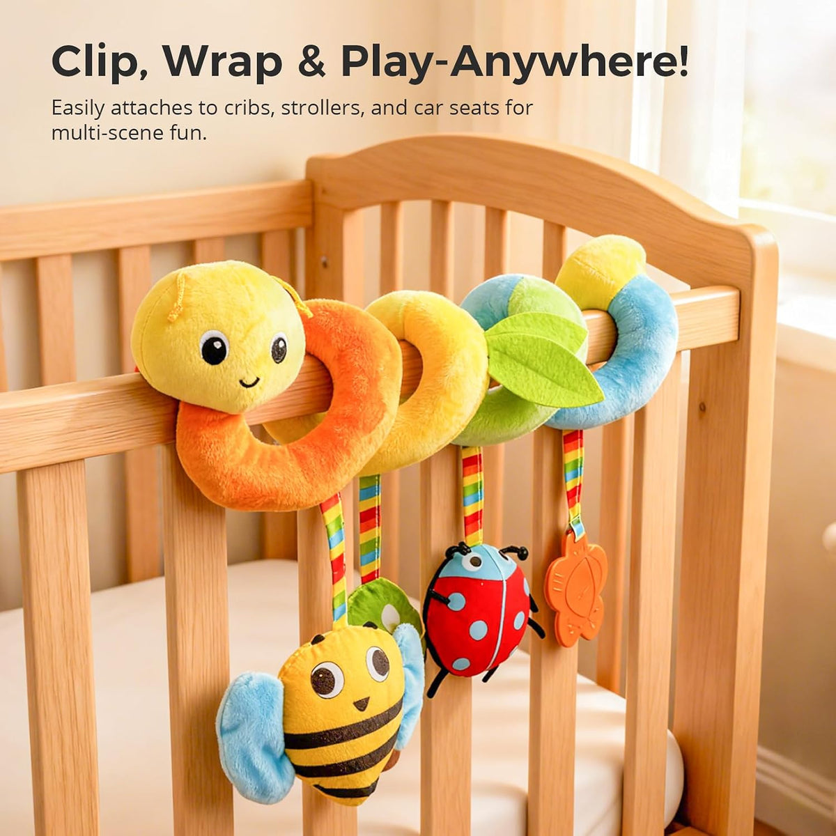 Carseat Toys Hanging for Babies 0-6-12 Months, Crib Toy Hanging Plush Spiral Car Seat Toy, with Rattle, Teether & Mirror, Stroller for Baby Boys & Girls, Infant Car Seat Toys