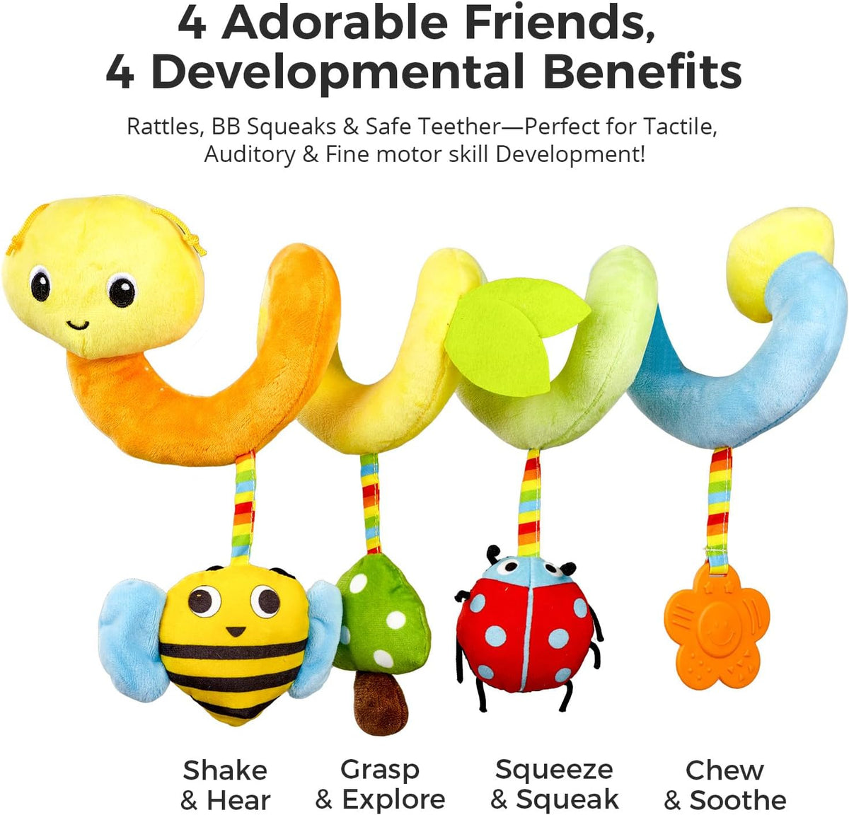 Carseat Toys Hanging for Babies 0-6-12 Months, Crib Toy Hanging Plush Spiral Car Seat Toy, with Rattle, Teether & Mirror, Stroller for Baby Boys & Girls, Infant Car Seat Toys