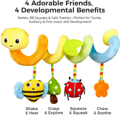 Carseat Toys Hanging for Babies 0-6-12 Months, Crib Toy Hanging Plush Spiral Car Seat Toy, with Rattle, Teether & Mirror, Stroller for Baby Boys & Girls, Infant Car Seat Toys