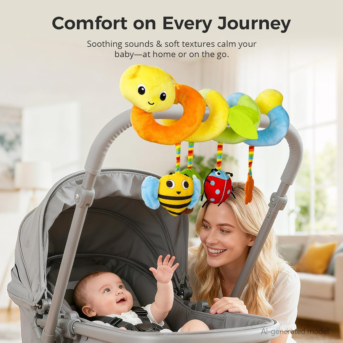 Carseat Toys Hanging for Babies 0-6-12 Months, Crib Toy Hanging Plush Spiral Car Seat Toy, with Rattle, Teether & Mirror, Stroller for Baby Boys & Girls, Infant Car Seat Toys