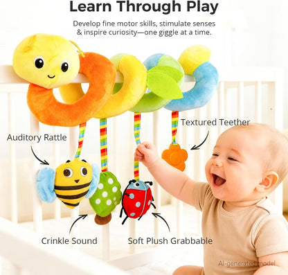Carseat Toys Hanging for Babies 0-6-12 Months, Crib Toy Hanging Plush Spiral Car Seat Toy, with Rattle, Teether & Mirror, Stroller for Baby Boys & Girls, Infant Car Seat Toys