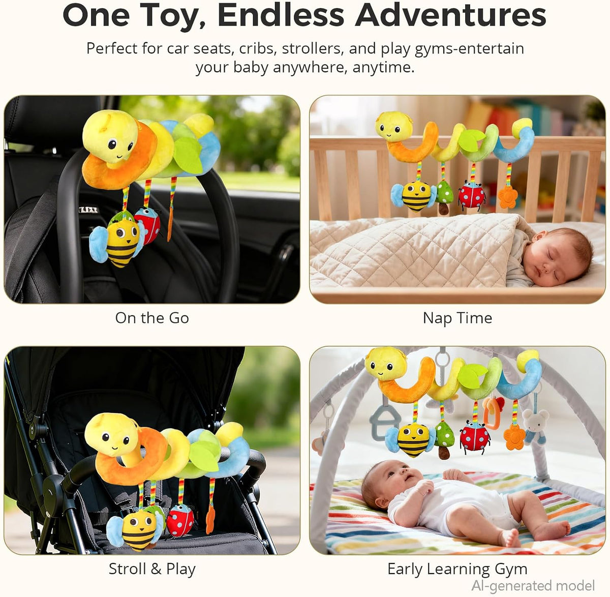 Carseat Toys Hanging for Babies 0-6-12 Months, Crib Toy Hanging Plush Spiral Car Seat Toy, with Rattle, Teether & Mirror, Stroller for Baby Boys & Girls, Infant Car Seat Toys