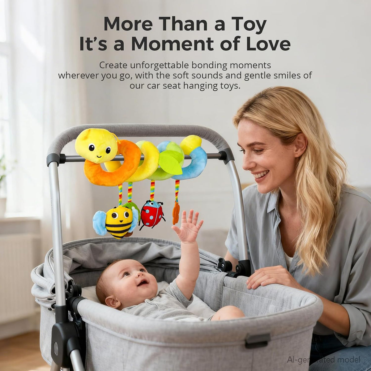 Carseat Toys Hanging for Babies 0-6-12 Months, Crib Toy Hanging Plush Spiral Car Seat Toy, with Rattle, Teether & Mirror, Stroller for Baby Boys & Girls, Infant Car Seat Toys