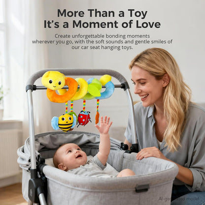 Carseat Toys Hanging for Babies 0-6-12 Months, Crib Toy Hanging Plush Spiral Car Seat Toy, with Rattle, Teether & Mirror, Stroller for Baby Boys & Girls, Infant Car Seat Toys