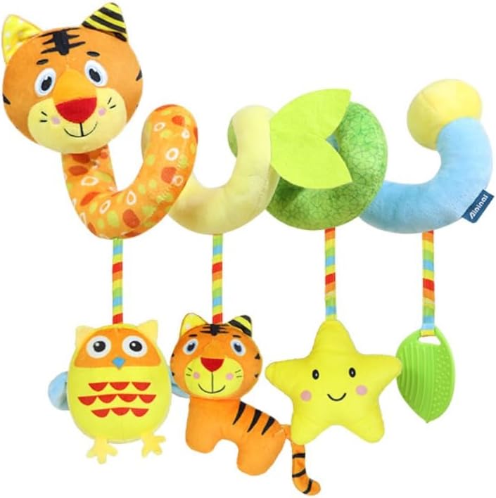 Carseat Toys Hanging for Babies 0-6-12 Months, Crib Toy Hanging Plush Spiral Car Seat Toy, with Rattle, Teether & Mirror, Stroller for Baby Boys & Girls, Infant Car Seat Toys