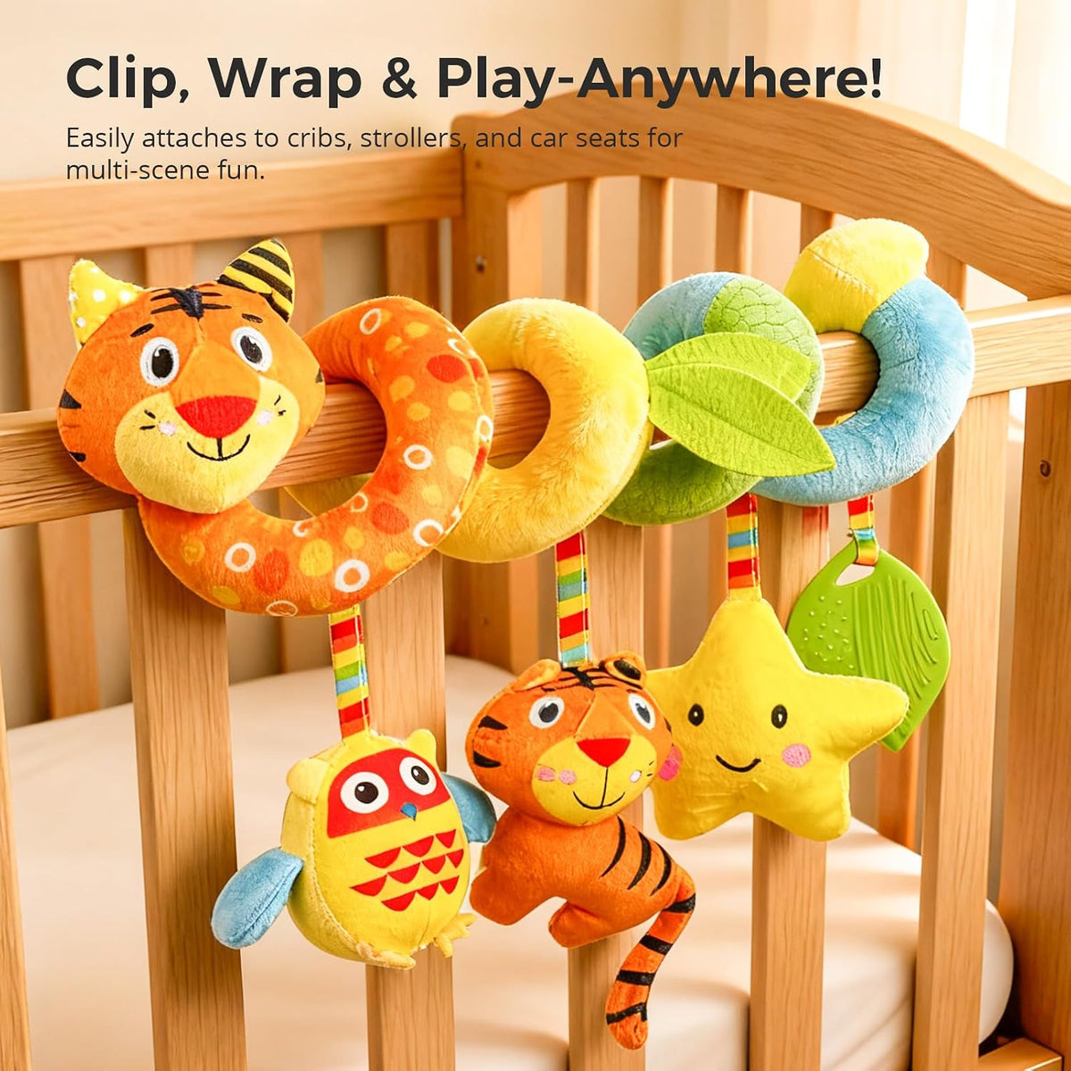 Carseat Toys Hanging for Babies 0-6-12 Months, Crib Toy Hanging Plush Spiral Car Seat Toy, with Rattle, Teether & Mirror, Stroller for Baby Boys & Girls, Infant Car Seat Toys