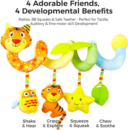 Carseat Toys Hanging for Babies 0-6-12 Months, Crib Toy Hanging Plush Spiral Car Seat Toy, with Rattle, Teether & Mirror, Stroller for Baby Boys & Girls, Infant Car Seat Toys