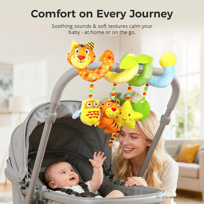 Carseat Toys Hanging for Babies 0-6-12 Months, Crib Toy Hanging Plush Spiral Car Seat Toy, with Rattle, Teether & Mirror, Stroller for Baby Boys & Girls, Infant Car Seat Toys