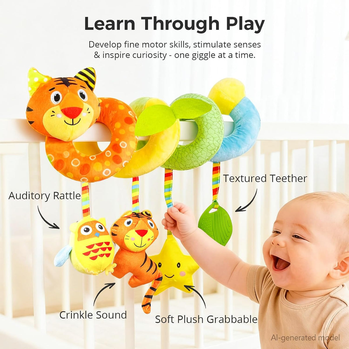 Carseat Toys Hanging for Babies 0-6-12 Months, Crib Toy Hanging Plush Spiral Car Seat Toy, with Rattle, Teether & Mirror, Stroller for Baby Boys & Girls, Infant Car Seat Toys