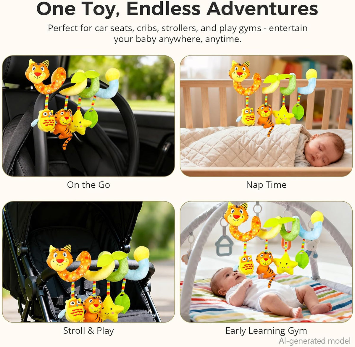 Carseat Toys Hanging for Babies 0-6-12 Months, Crib Toy Hanging Plush Spiral Car Seat Toy, with Rattle, Teether & Mirror, Stroller for Baby Boys & Girls, Infant Car Seat Toys