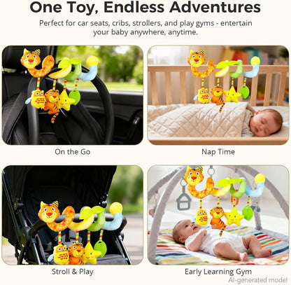 Carseat Toys Hanging for Babies 0-6-12 Months, Crib Toy Hanging Plush Spiral Car Seat Toy, with Rattle, Teether & Mirror, Stroller for Baby Boys & Girls, Infant Car Seat Toys