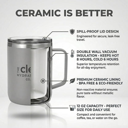 Coffee Mug Travel Mug Insulated 12 Oz | Ceramic Lined Travel Cup with Lid | Reusable Office Mug Double Wall Vacuum Eco-Friendly BPA-Free (Aqua) (Gray)