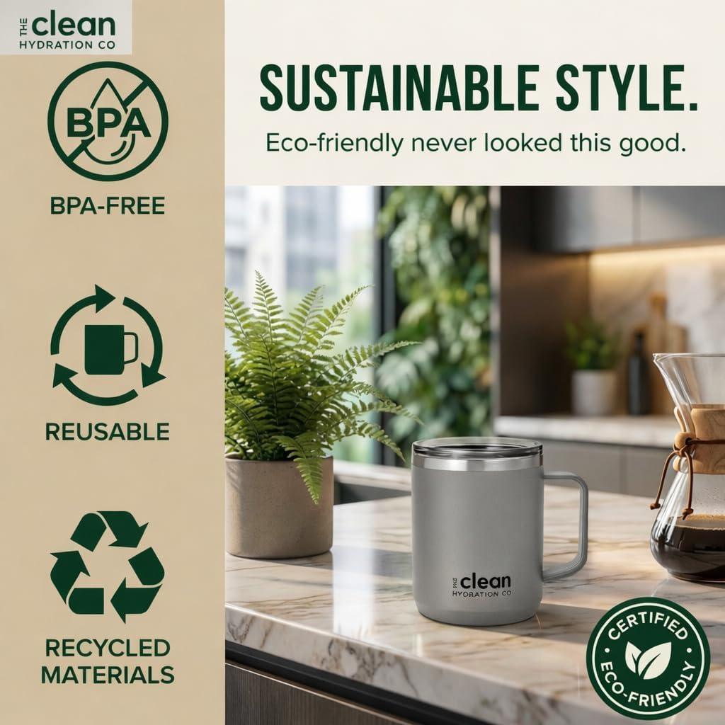 Coffee Mug Travel Mug Insulated 12 Oz | Ceramic Lined Travel Cup with Lid | Reusable Office Mug Double Wall Vacuum Eco-Friendly BPA-Free (Aqua) (Gray)