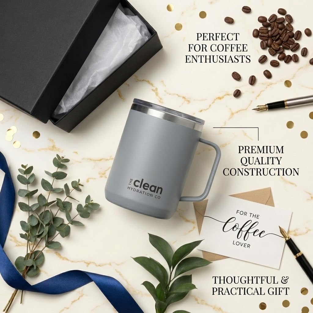 Coffee Mug Travel Mug Insulated 12 Oz | Ceramic Lined Travel Cup with Lid | Reusable Office Mug Double Wall Vacuum Eco-Friendly BPA-Free (Aqua) (Gray)