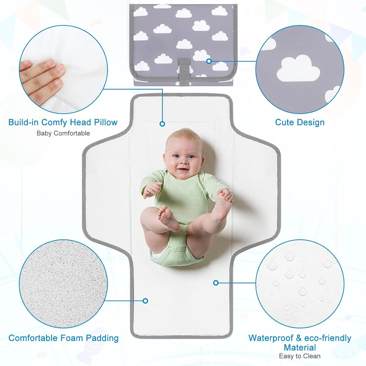 Portable Diaper Changing Pad, Waterproof Baby Changing Mat, Foldable Travel Diaper Changing Pads for Baby