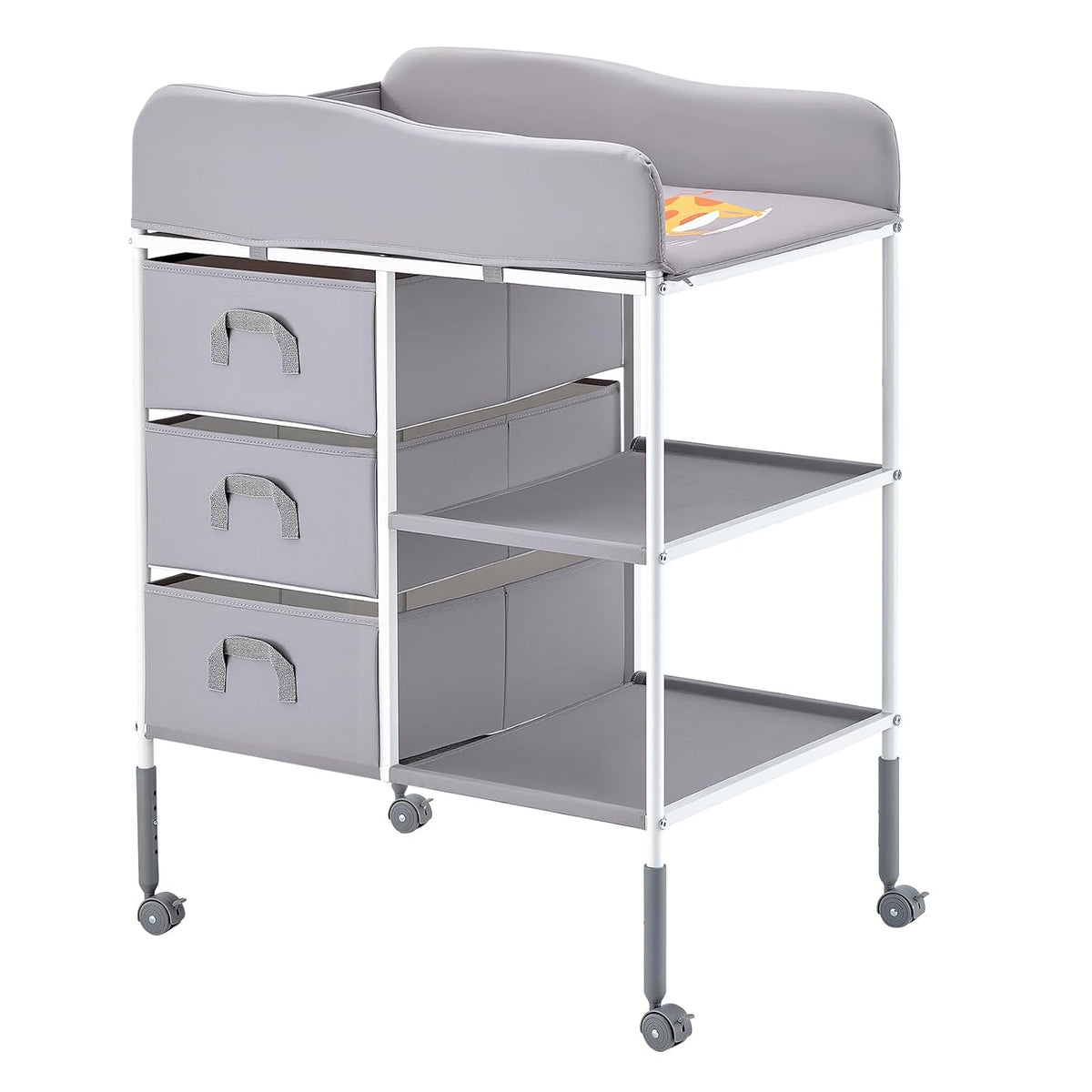 Baby Changing Table, Adjustable Height Diaper Change Station with 3 Fabric Drawers & Lockable Wheels, Portable Multifunctional Changing Station Table with Storage Organizer Nursery, Gray