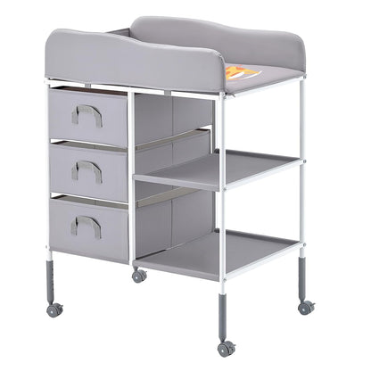 Baby Changing Table, Adjustable Height Diaper Change Station with 3 Fabric Drawers & Lockable Wheels, Portable Multifunctional Changing Station Table with Storage Organizer Nursery, Gray