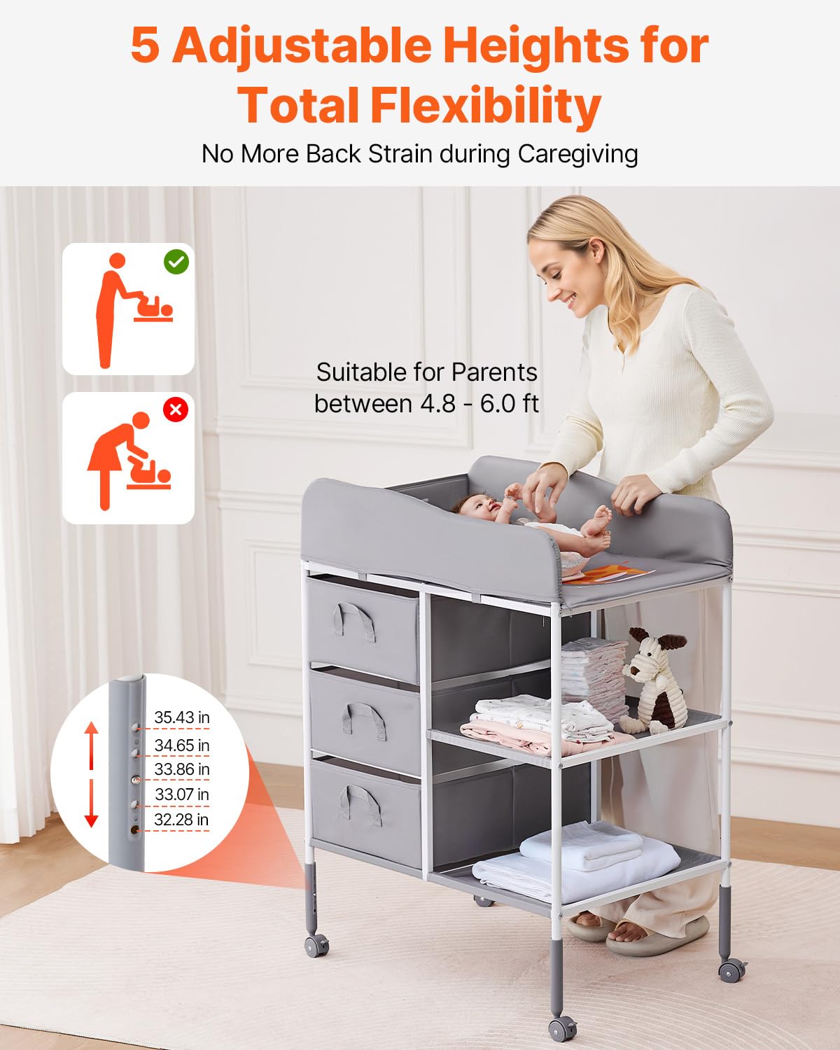 Baby Changing Table, Adjustable Height Diaper Change Station with 3 Fabric Drawers & Lockable Wheels, Portable Multifunctional Changing Station Table with Storage Organizer Nursery, Gray