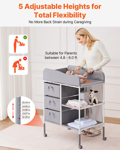 Baby Changing Table, Adjustable Height Diaper Change Station with 3 Fabric Drawers & Lockable Wheels, Portable Multifunctional Changing Station Table with Storage Organizer Nursery, Gray