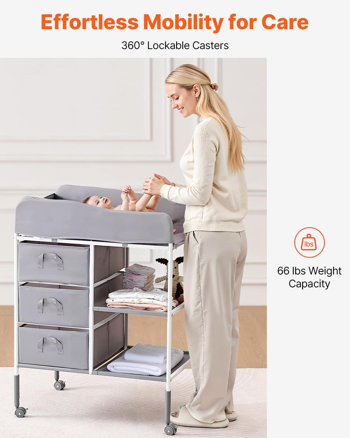 Baby Changing Table, Adjustable Height Diaper Change Station with 3 Fabric Drawers & Lockable Wheels, Portable Multifunctional Changing Station Table with Storage Organizer Nursery, Gray