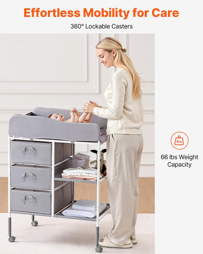 Baby Changing Table, Adjustable Height Diaper Change Station with 3 Fabric Drawers & Lockable Wheels, Portable Multifunctional Changing Station Table with Storage Organizer Nursery, Gray