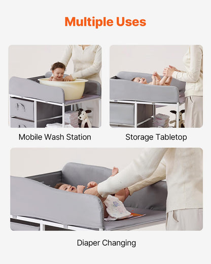 Baby Changing Table, Adjustable Height Diaper Change Station with 3 Fabric Drawers & Lockable Wheels, Portable Multifunctional Changing Station Table with Storage Organizer Nursery, Gray